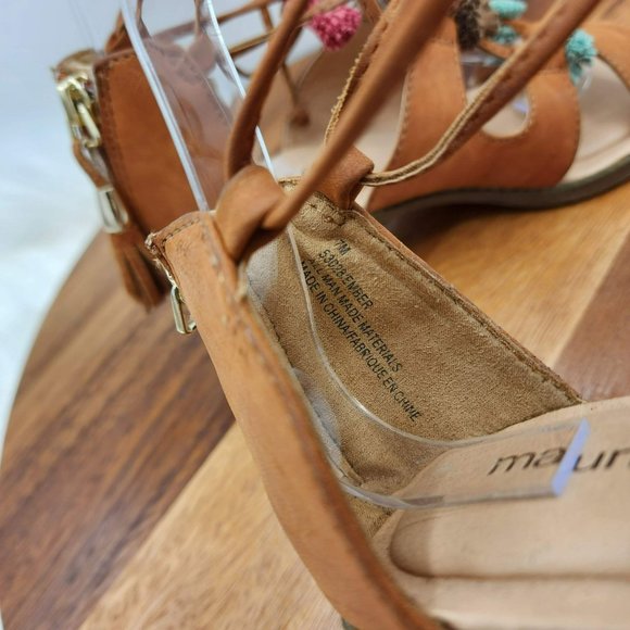 Maurices Ember Sandals 7 Camel Brown Zip Back Strappy Lace Up Tassel Stack Heel - Picture 3 of 13